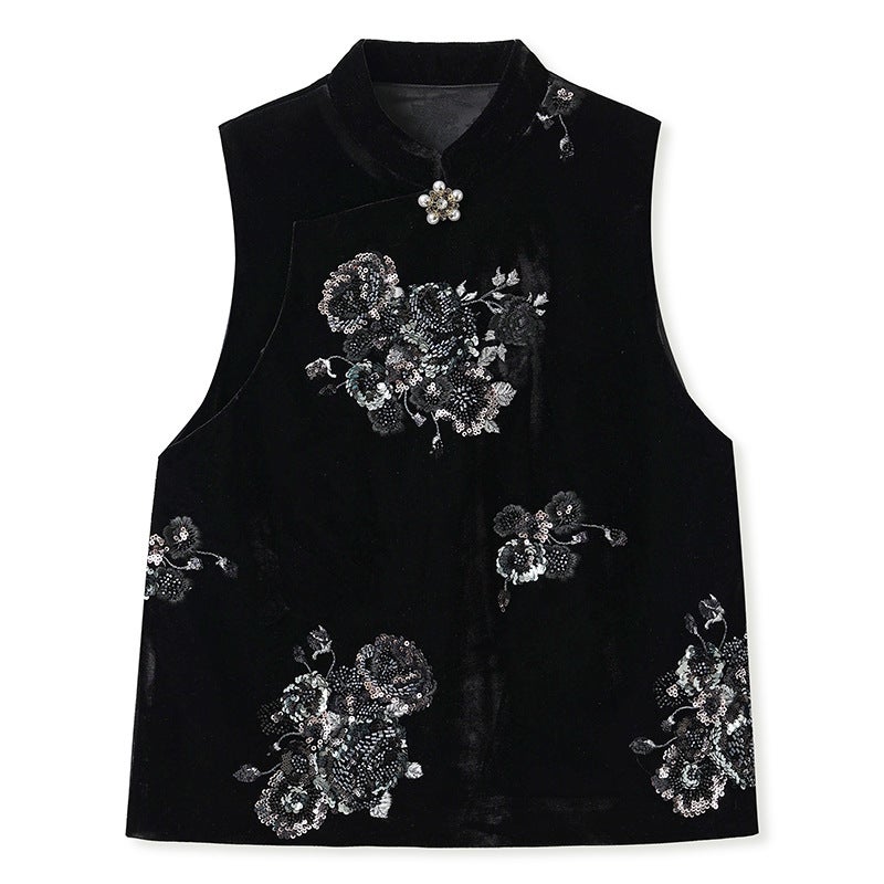 Yailla Versatile Chinese Style New Rich and Noble Light Luxury Embroidered Velvet Suit Pearl Decoration Retro Vest + Hip-Hugging Skirt Two-Piece Set for Women Niche Design Tang Coat Suit - Image 1